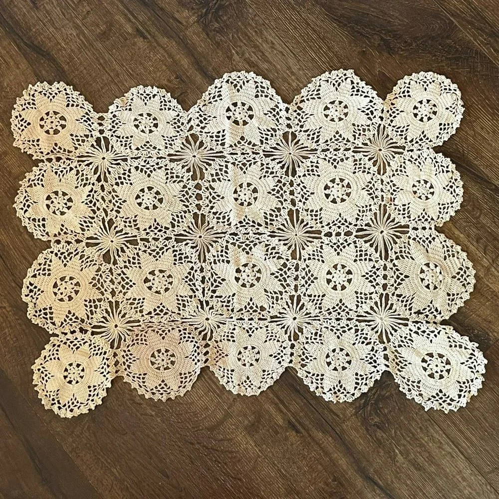 Vintage Handmade Crochet Doily Rectangular Beige Table Décor
